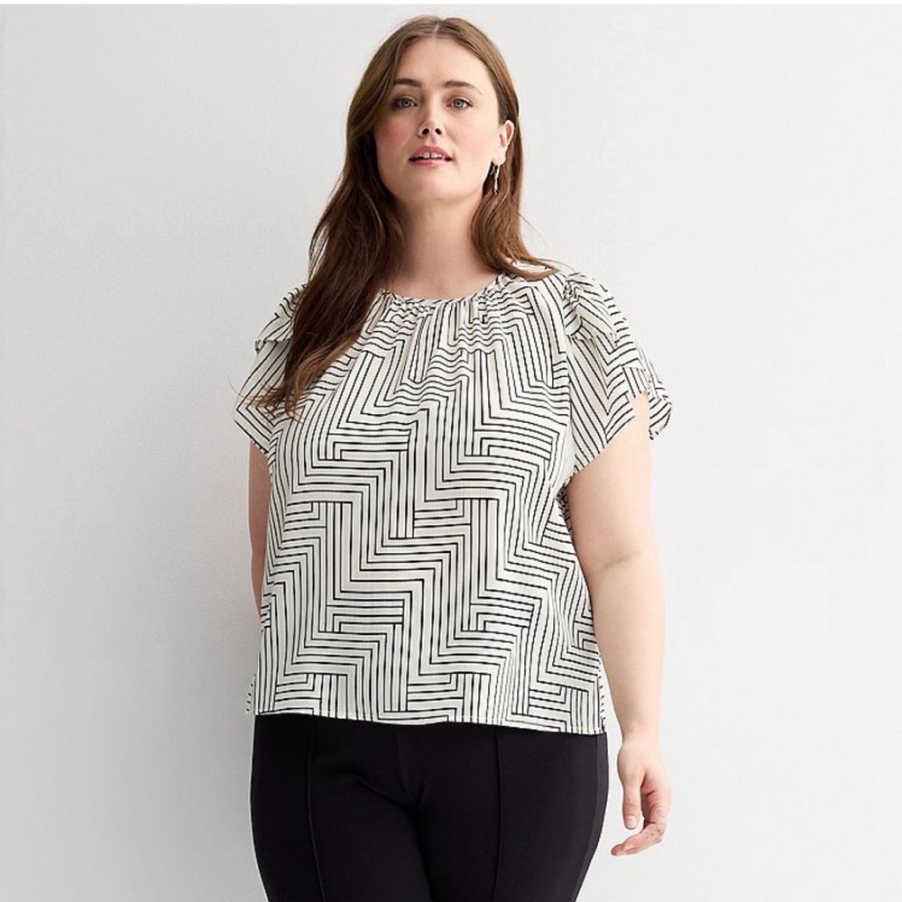 Nine West Black and Off White Patterned Blouse